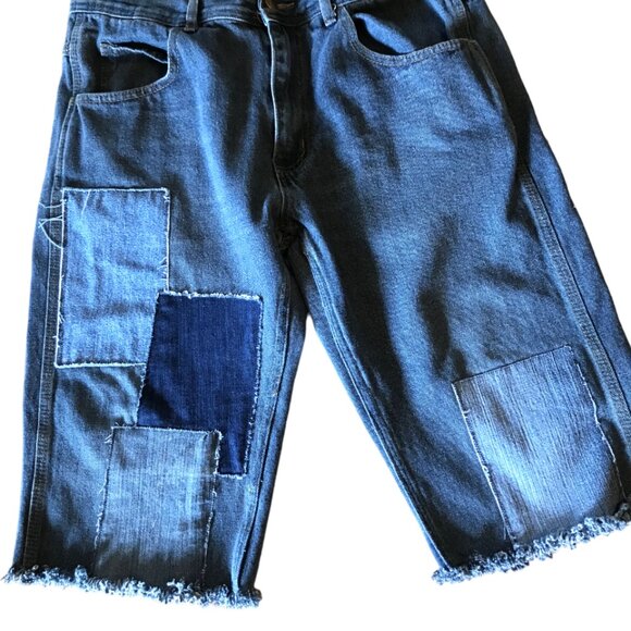 Men’s Patchwork Jean Short Cutoffs, Waist 34: Upcycled Fringy Hippie Shorts - Picture 6 of 8